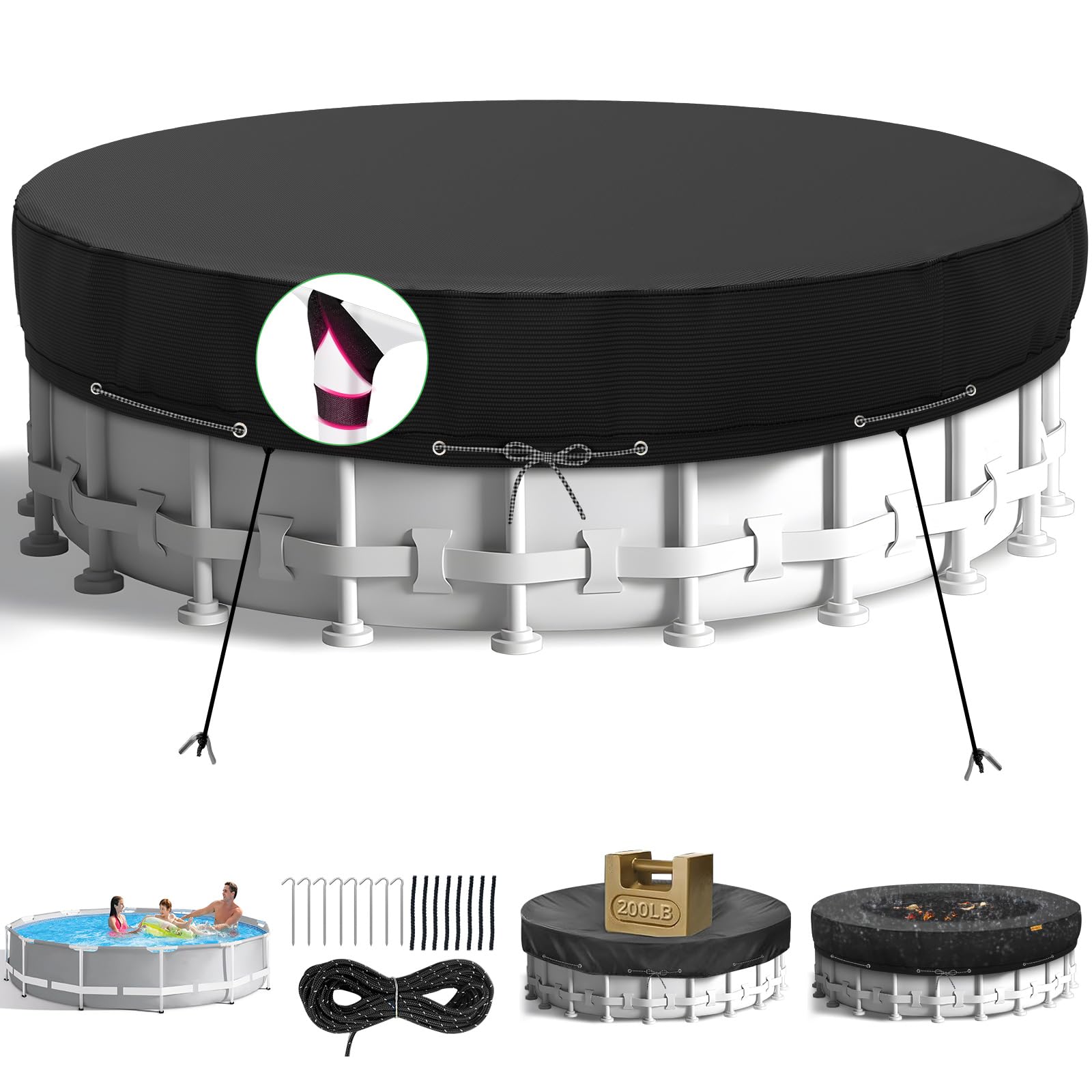 HIGHTQURO front view of 21ft pool cover showing full coverage and easy fit benefit