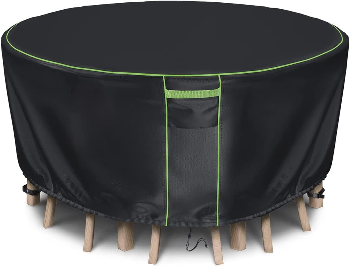 HIGHTQURO front view of cover protecting round table and chairs, durable weather protection