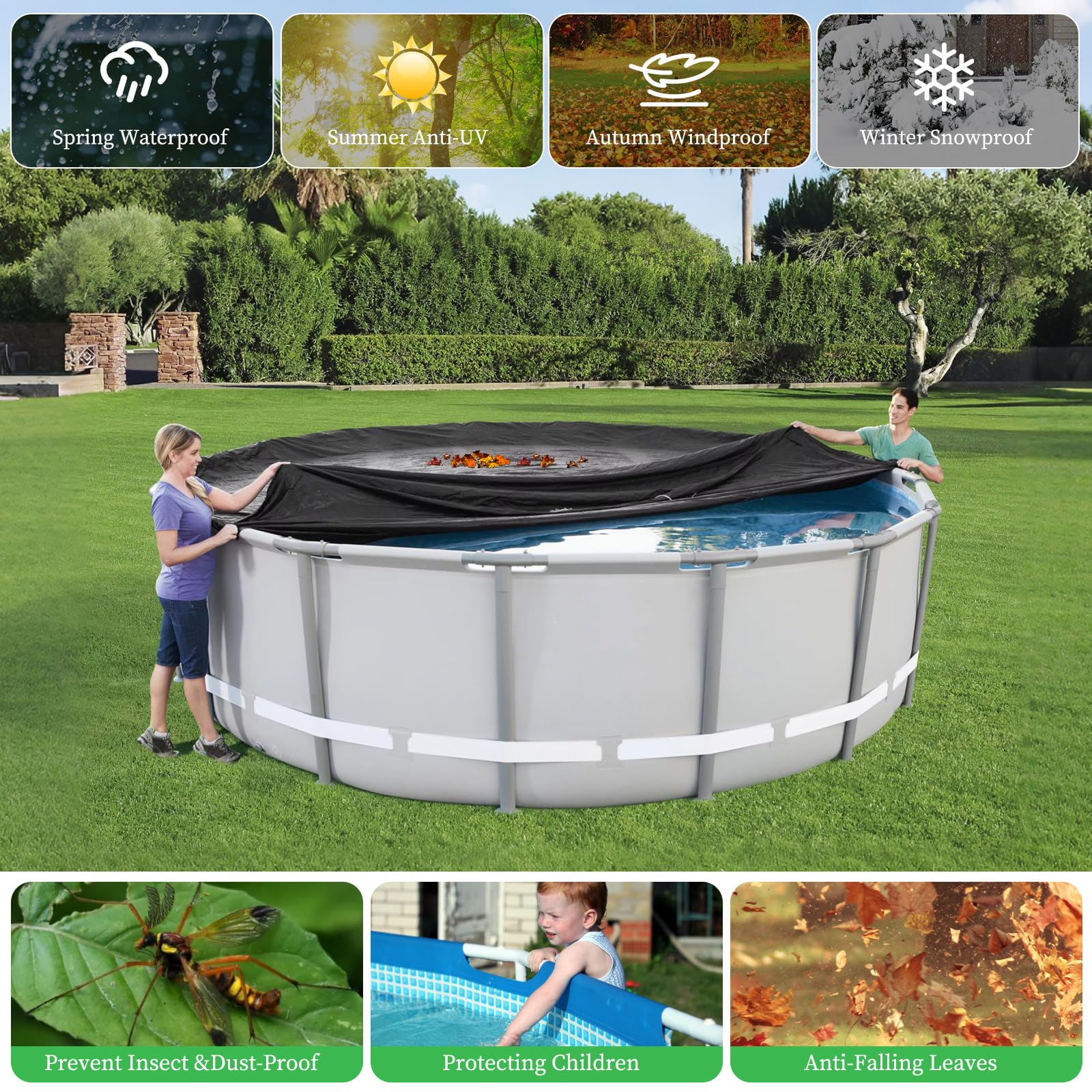HIGHTQURO cover beside garden chair for scale showing true 15ft diameter fit and clear size comparison