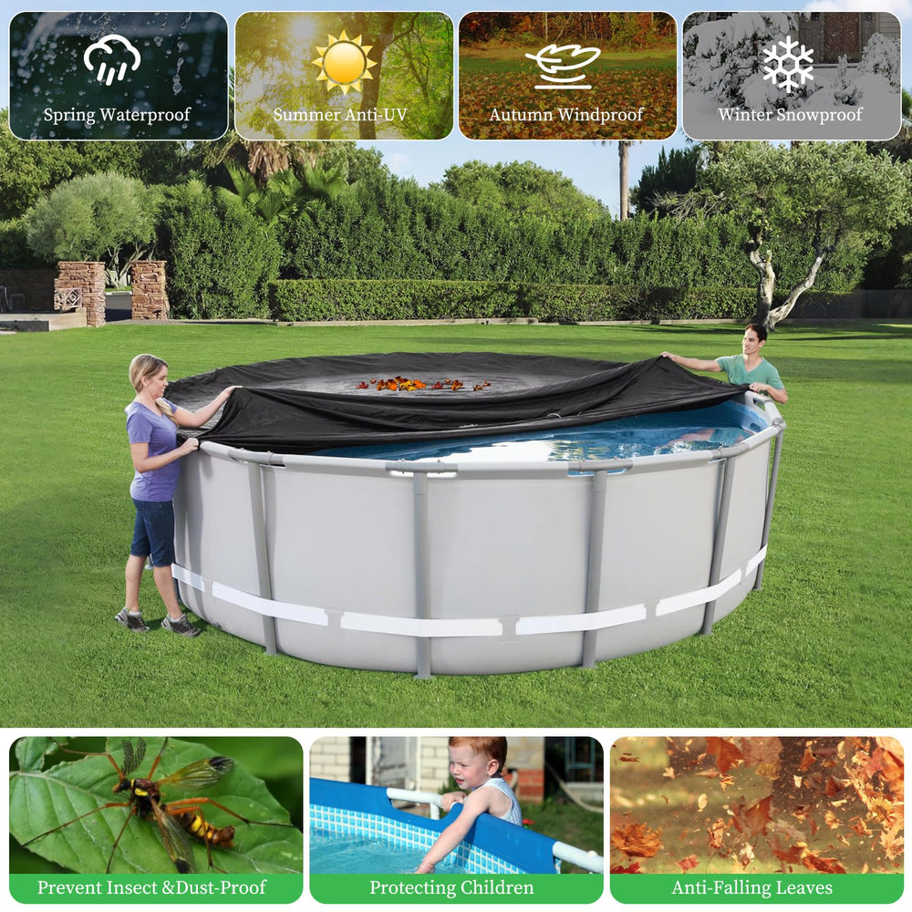HIGHTQURO cover beside garden chair for scale showing true 15ft diameter fit and clear size comparison