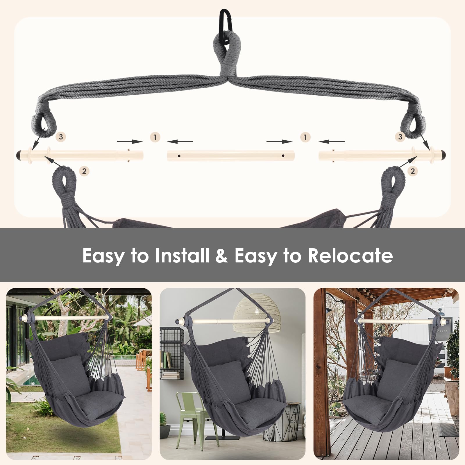 Highwild hammock chair next to chair for scale showing true size and capacity