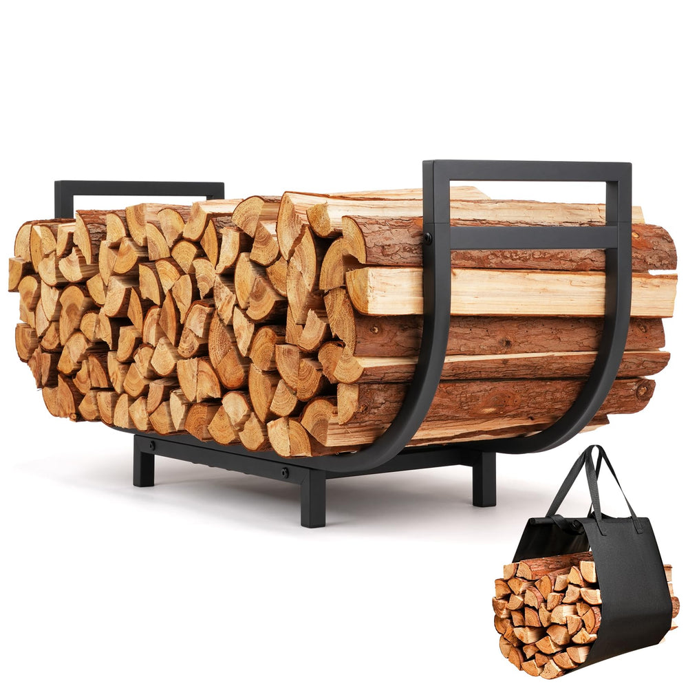 HIHADUUM front view of firewood rack showing neat stacked logs and space saving