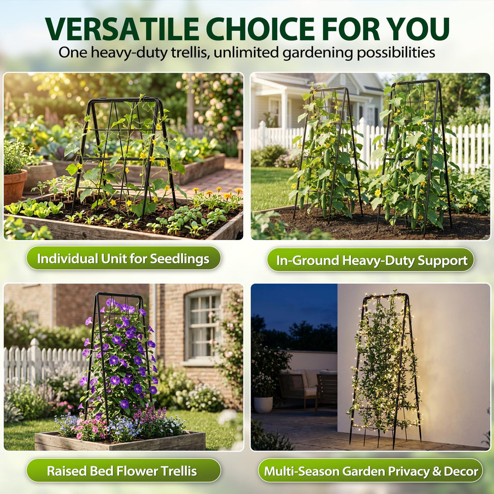 HIHADUUM trellis installed in a backyard garden with tomatoes and beans, improves harvest access