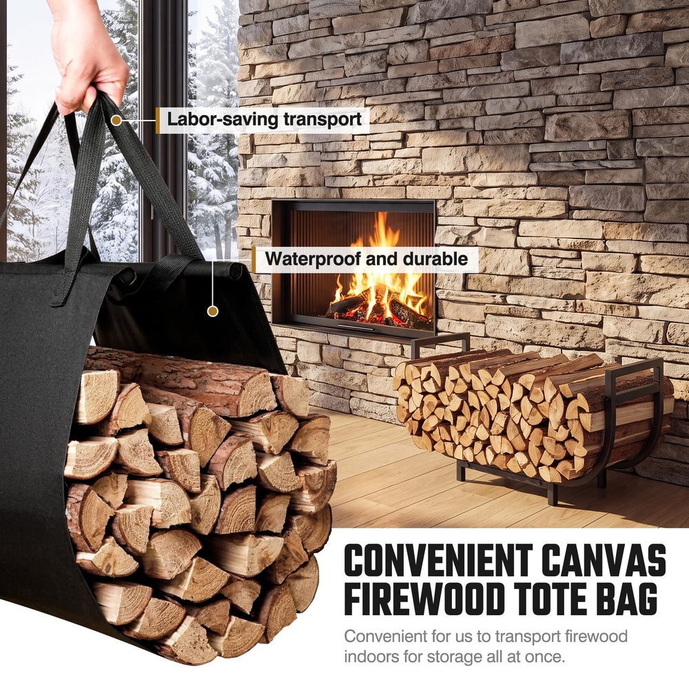 HIHADUUM firewood rack on patio beside fire pit showing outdoor durability