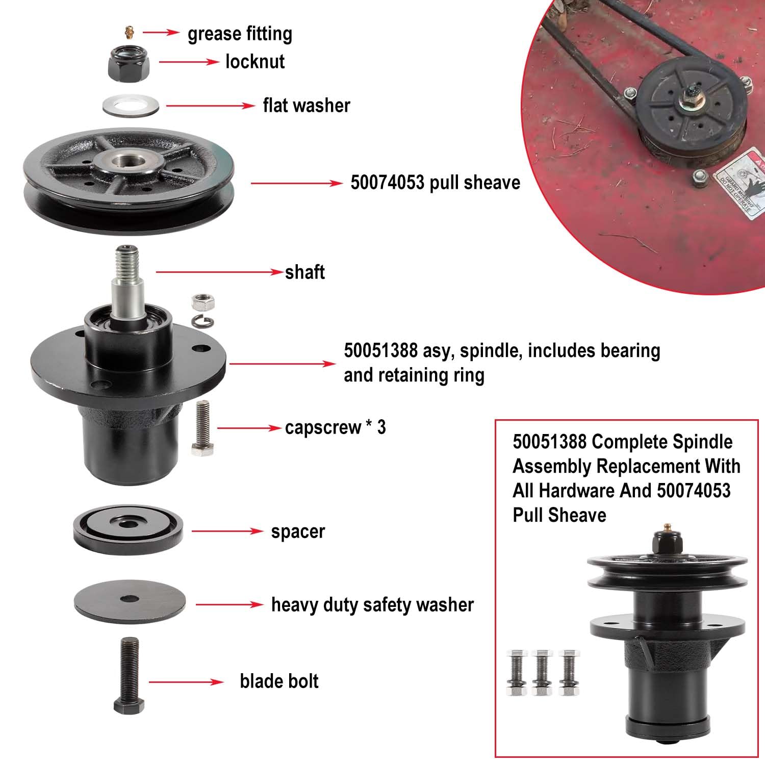 Hihitomorrow spindle mounted on mower deck restoring cutting performance