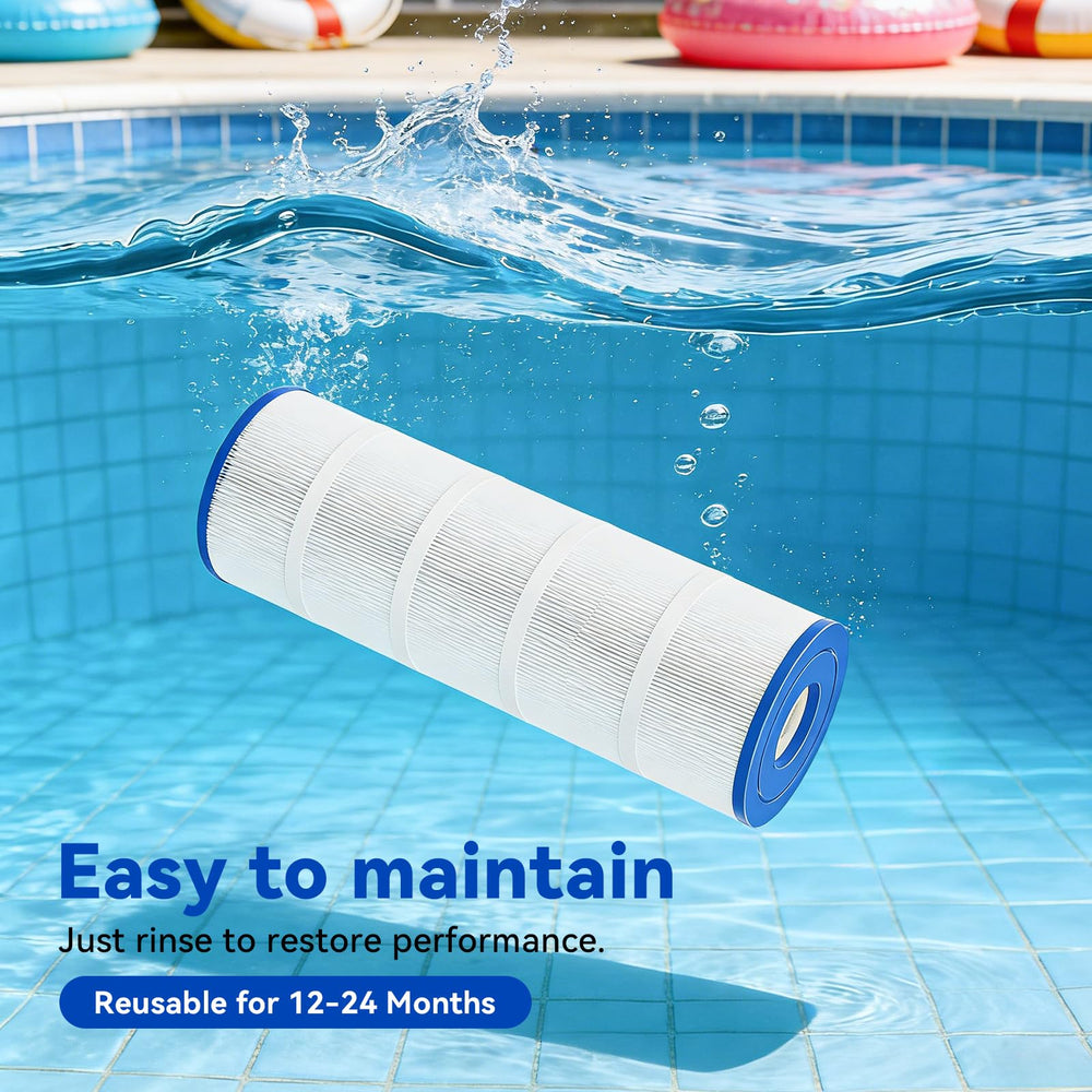 Hiioors cartridge beside pool demonstrating quick replacement and clearer water