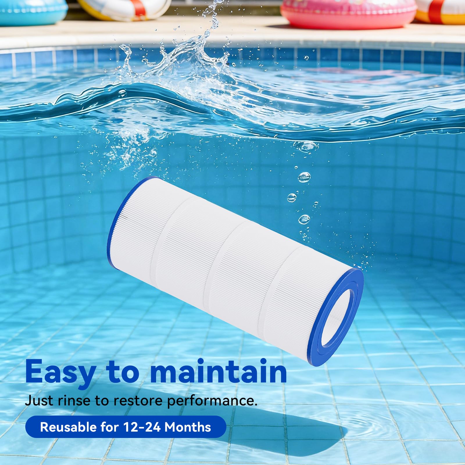 Hiioors cartridge near a backyard pool suggesting clearer water and simpler upkeep