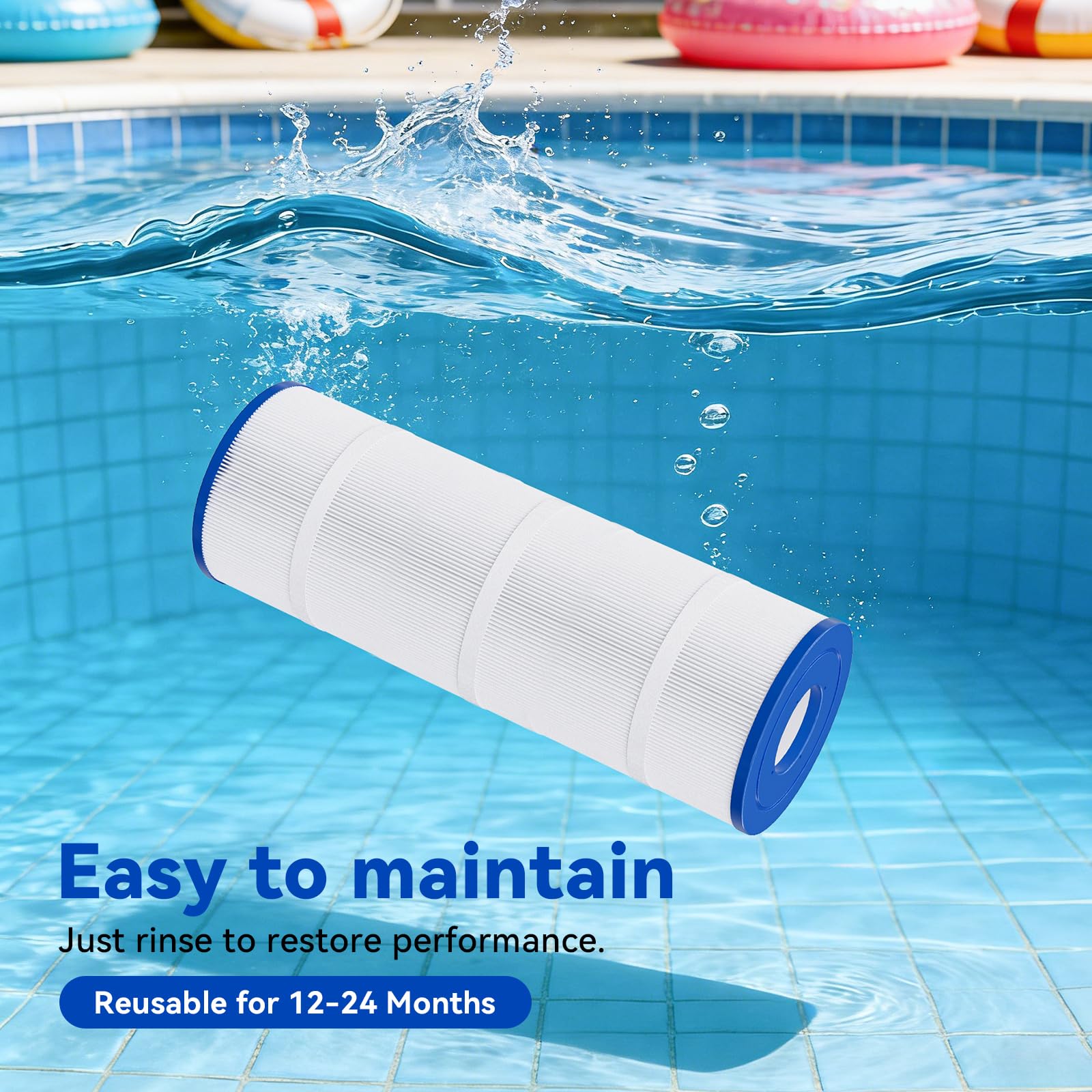 Hiioors cartridge pack beside a clear backyard pool illustrating improved clarity