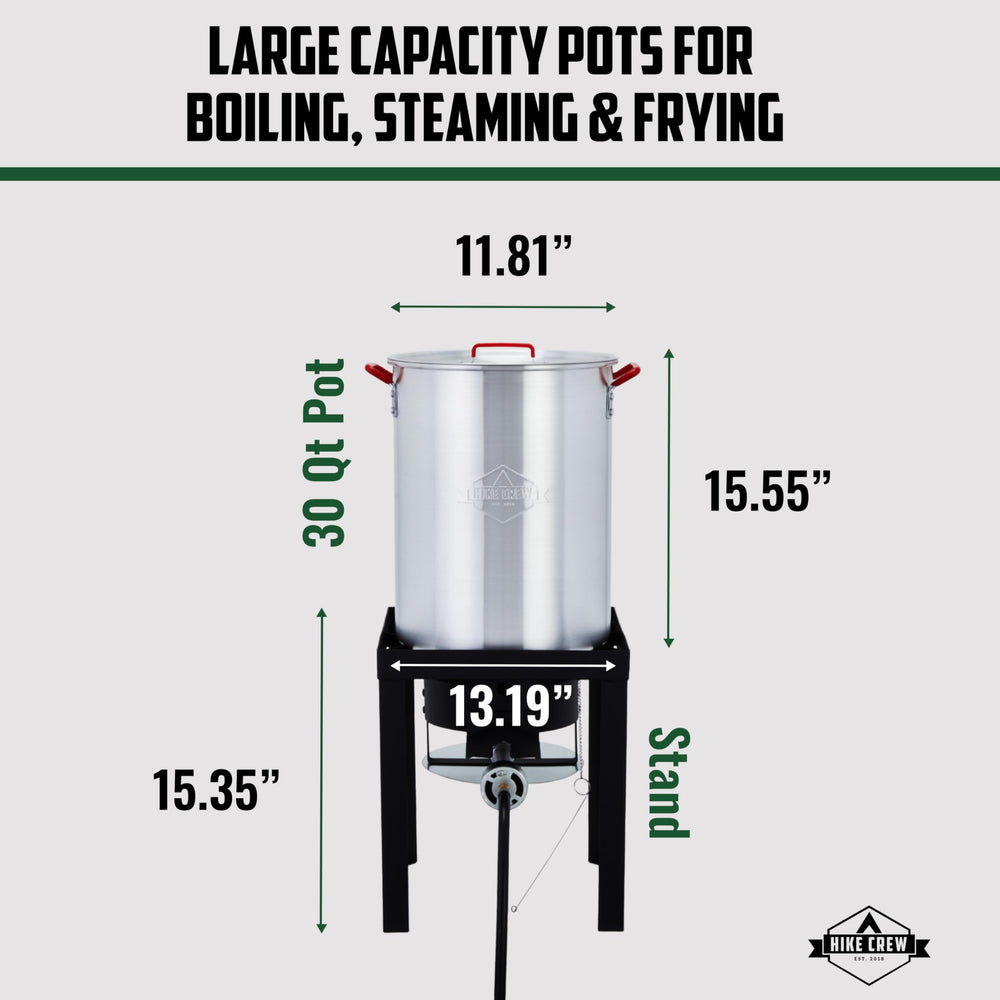 Hike Crew 30‑quart boiler pot closeup highlighting large capacity advantage