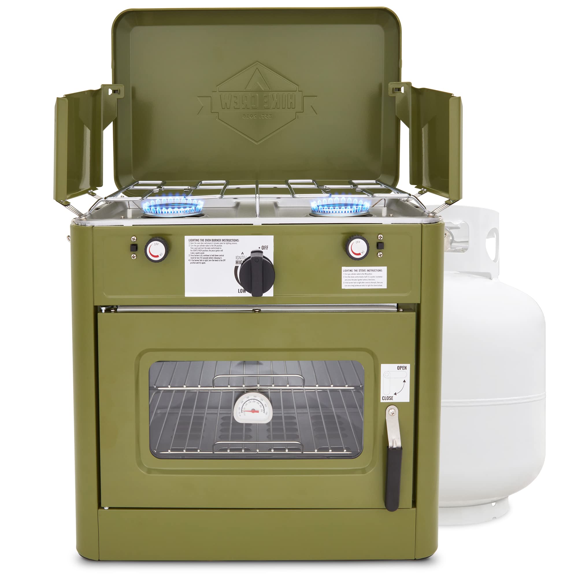 Hike Crew front view showing stove and oven, compact and ready to cook