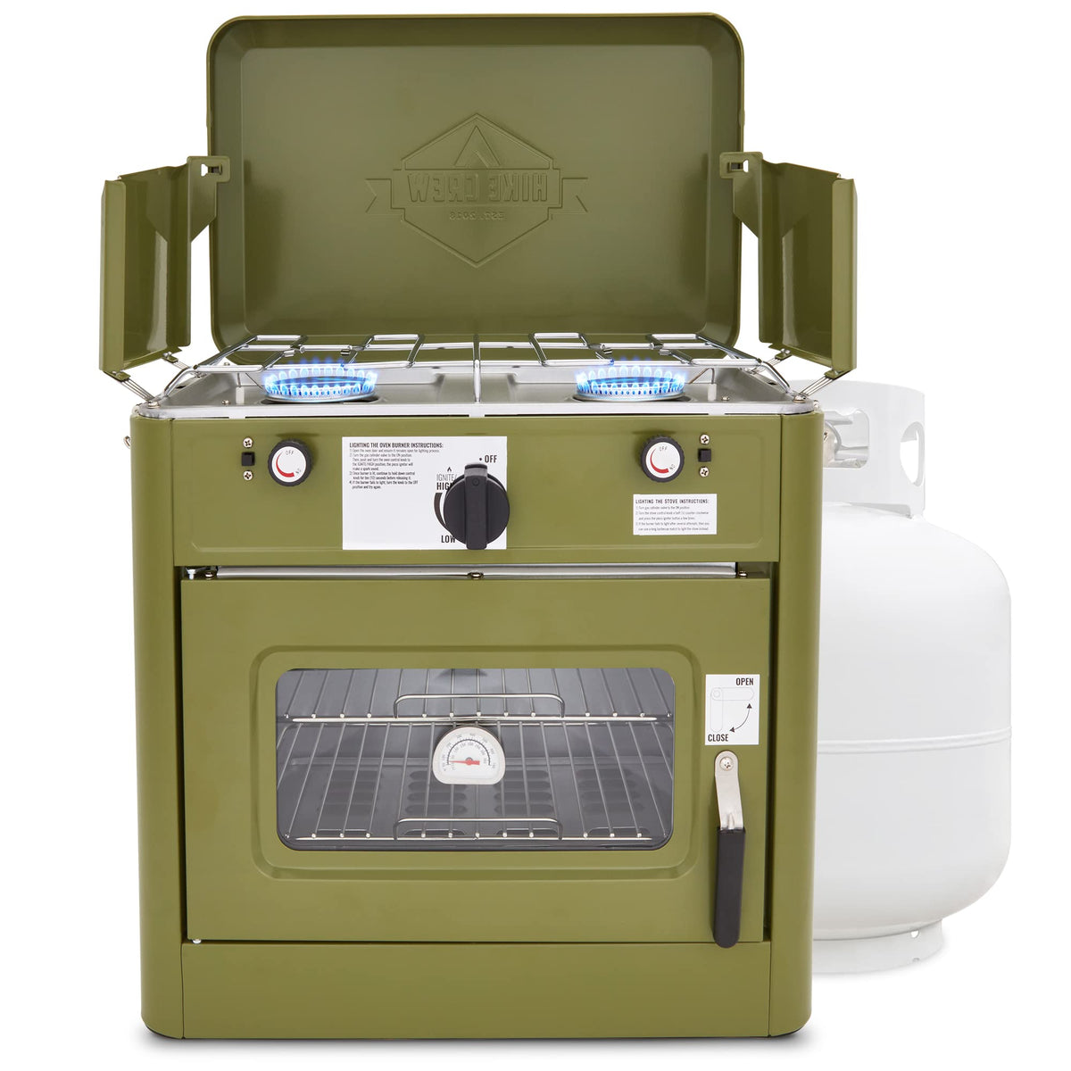 Hike Crew front view showing stove and oven, compact and ready to cook