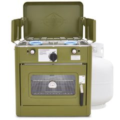 Hike Crew front view showing stove and oven, compact and ready to cook