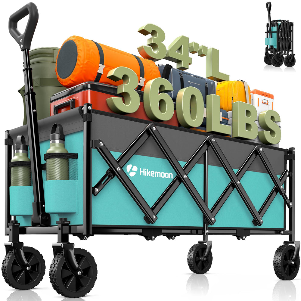 HIKEMOON wagon front view showing turquoise body and roomy cargo bed, easy transport benefit