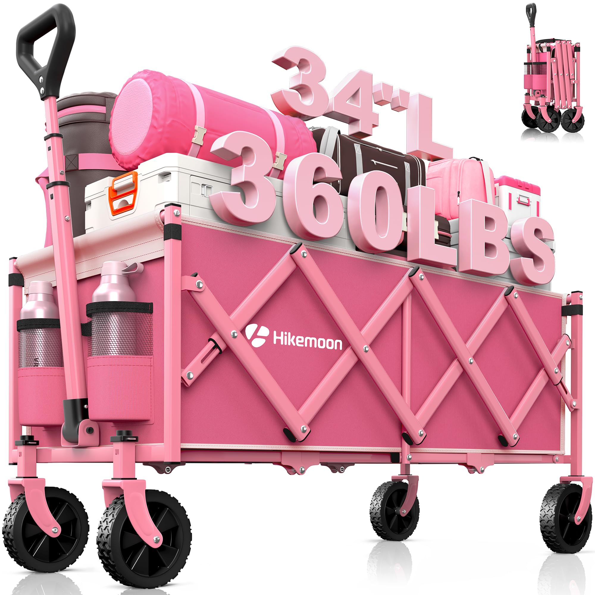 HIKEMOON front view of pink wagon showing roomy cargo bed and lightweight design