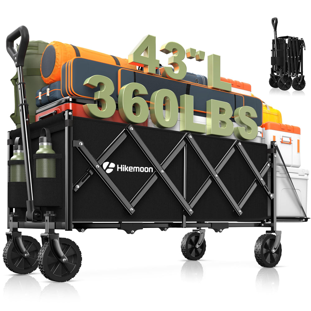 HIKEMOON folding wagon front view showing frame and cup holders for easier hauling