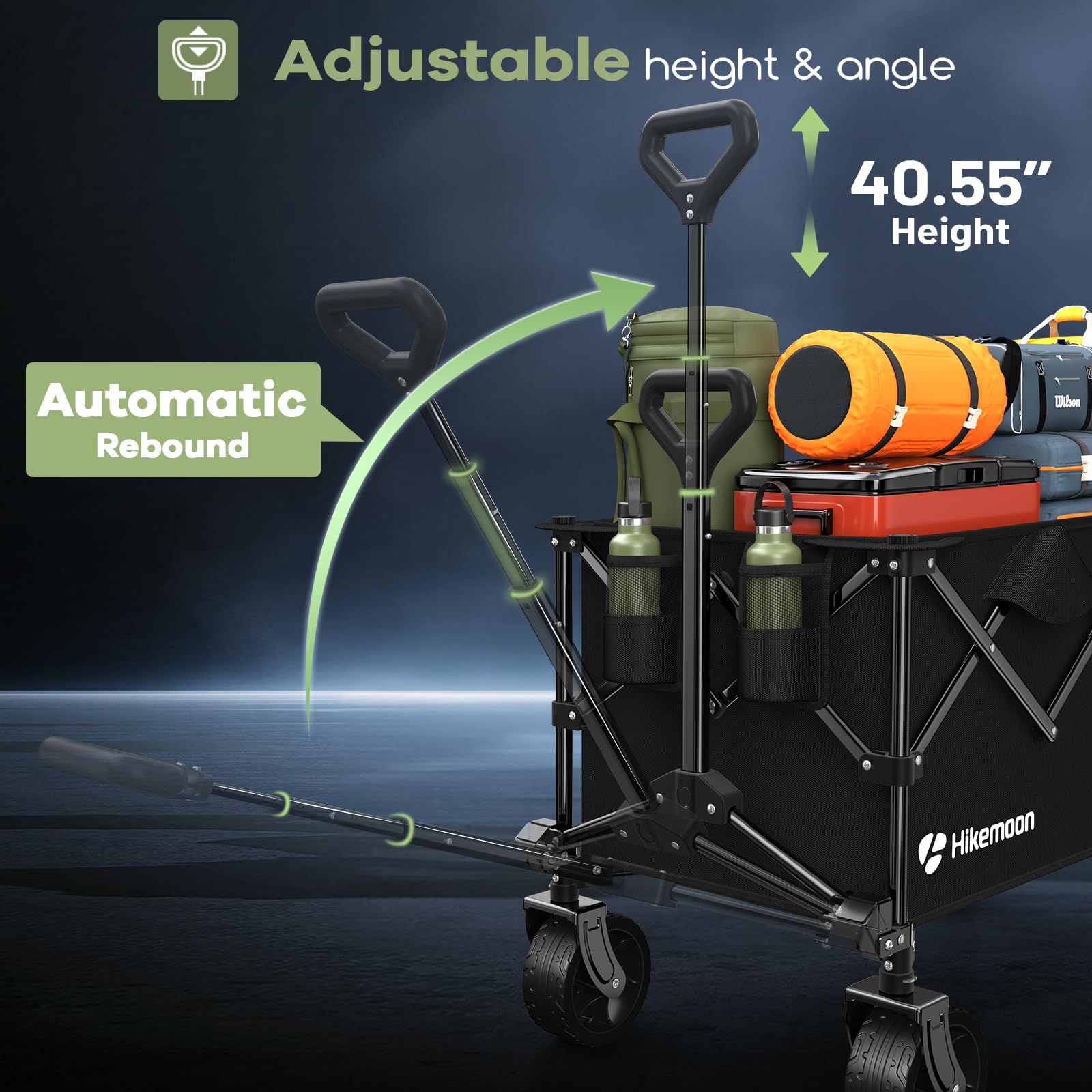 HIKEMOON wagon loaded with camping gear demonstrating high 420 lb capacity
