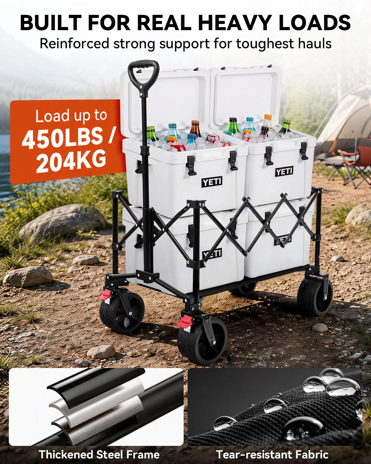 Hikenture compact folded wagon being carried showing easy transport benefit