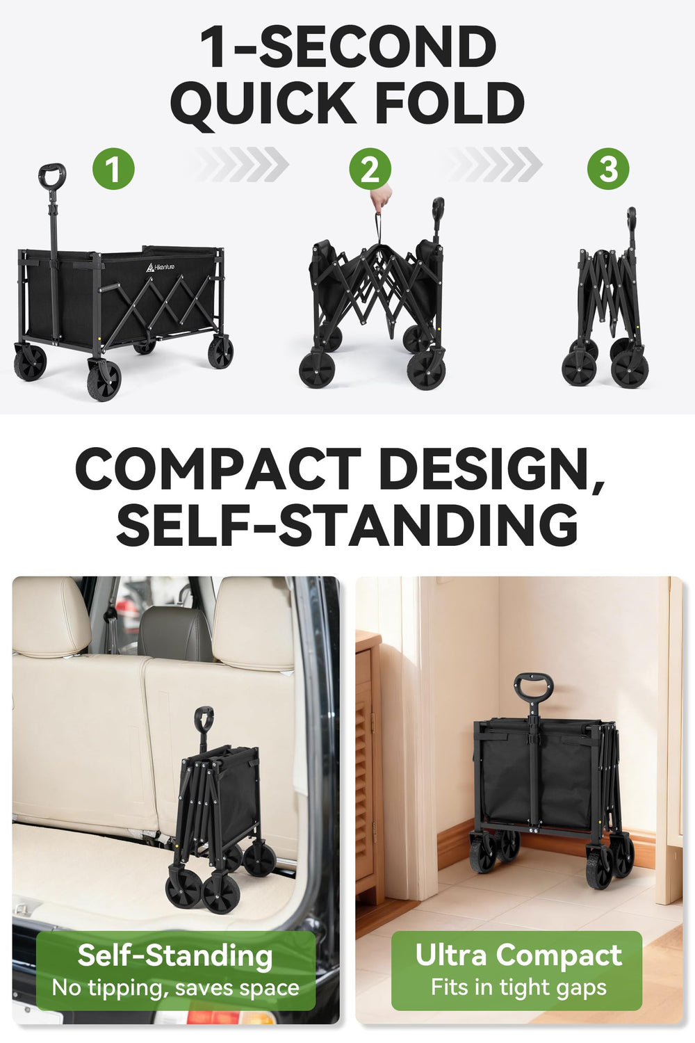 Hikenture folded self-standing compact for easy trunk and closet storage benefit