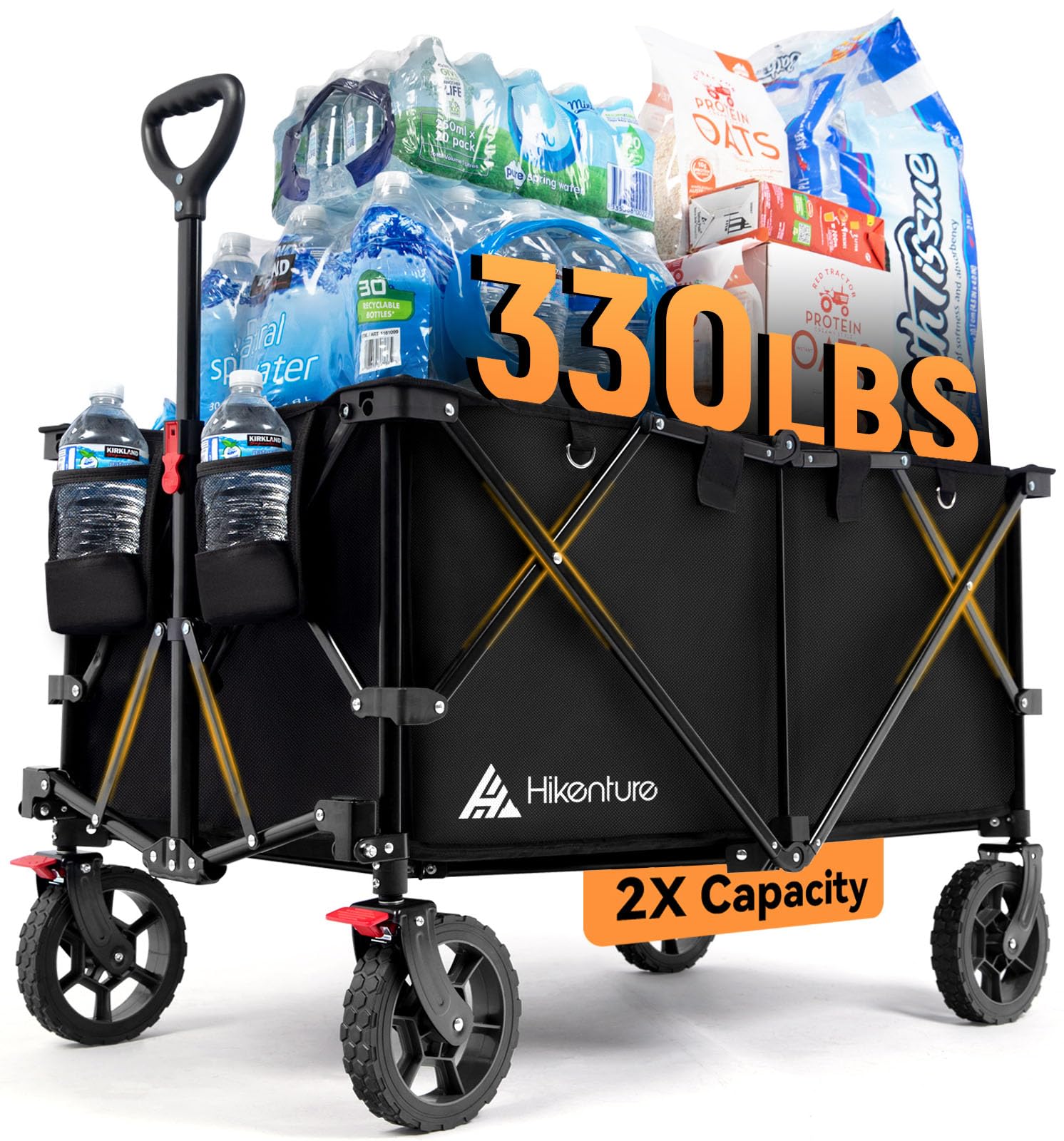 Hikenture folded wagon front packaging showing compact storage benefit