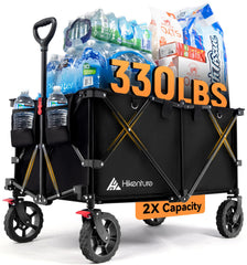 Hikenture folded wagon front packaging showing compact storage benefit