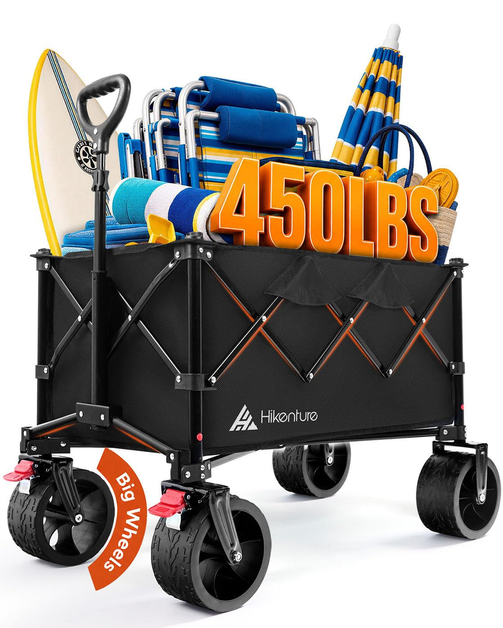Hikenture front view of wagon open showing spacious cargo and quick loading benefit