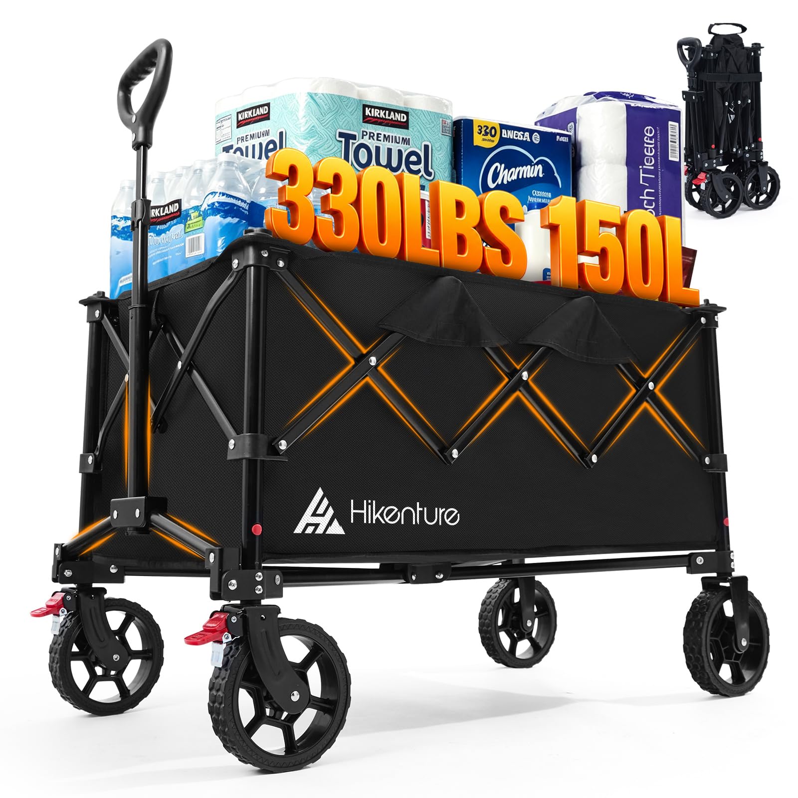 Hikenture front view of wagon showing spacious basket and sturdy frame benefit hauling more