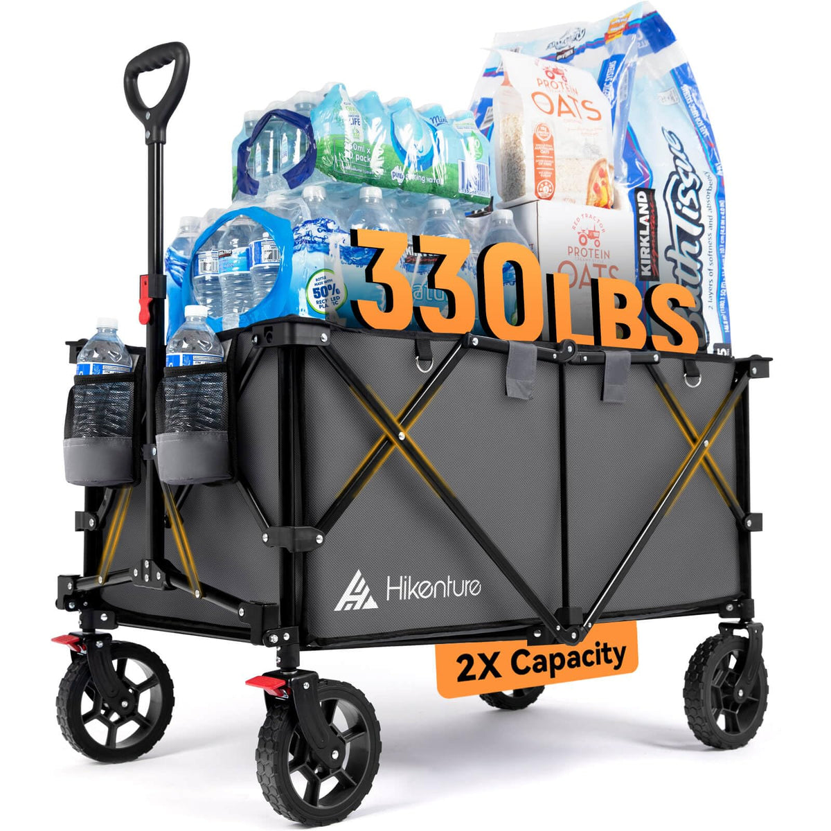 Hikenture front view showing roomy cargo bed and ergonomic handle for easier hauling