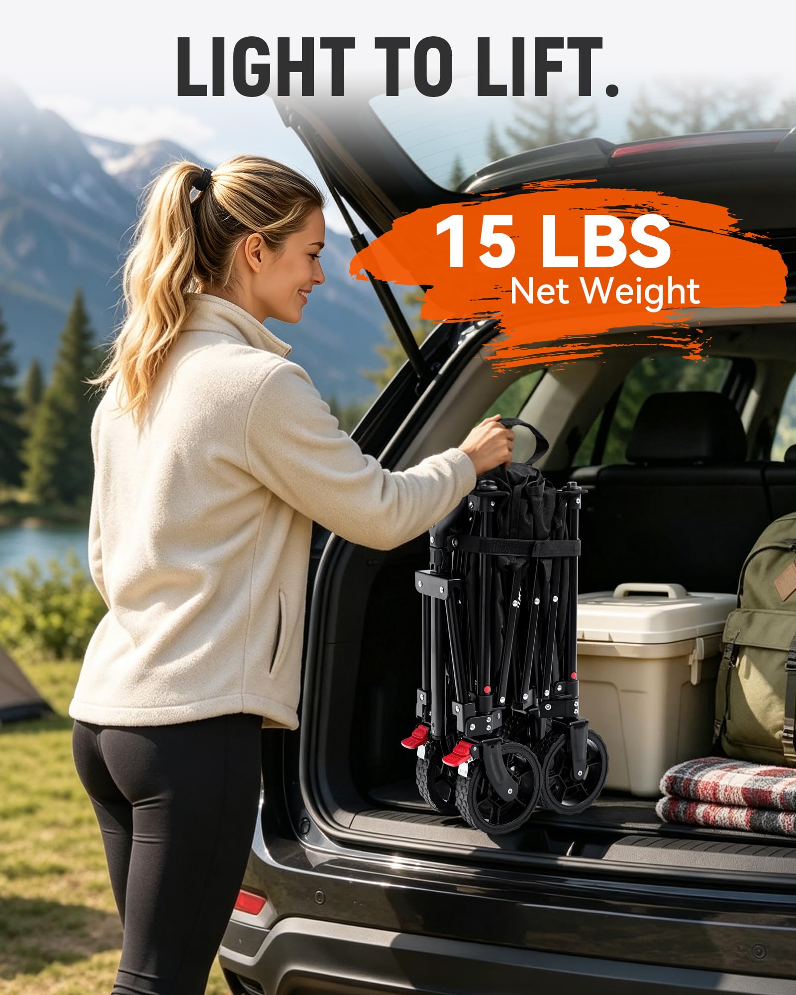 Hikenture folded in car trunk demonstrating compact storage convenience after use