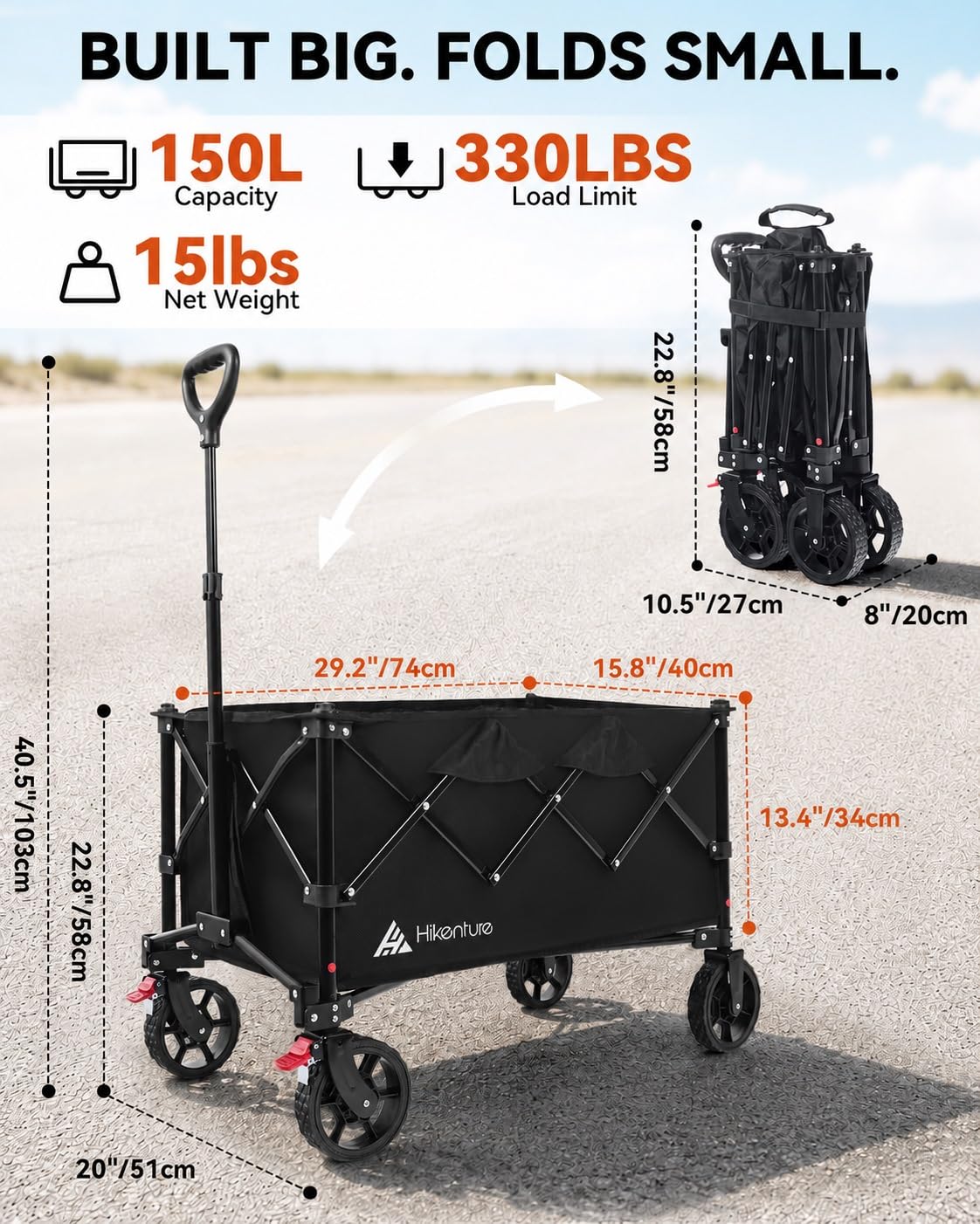 Hikenture wagon carrying camping gear to campsite for hassle-free transport
