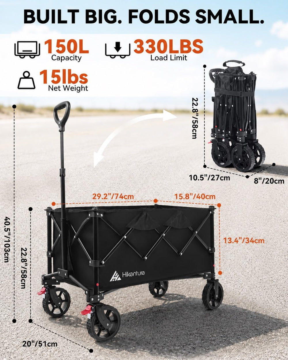 Hikenture wagon carrying camping gear to campsite for hassle-free transport