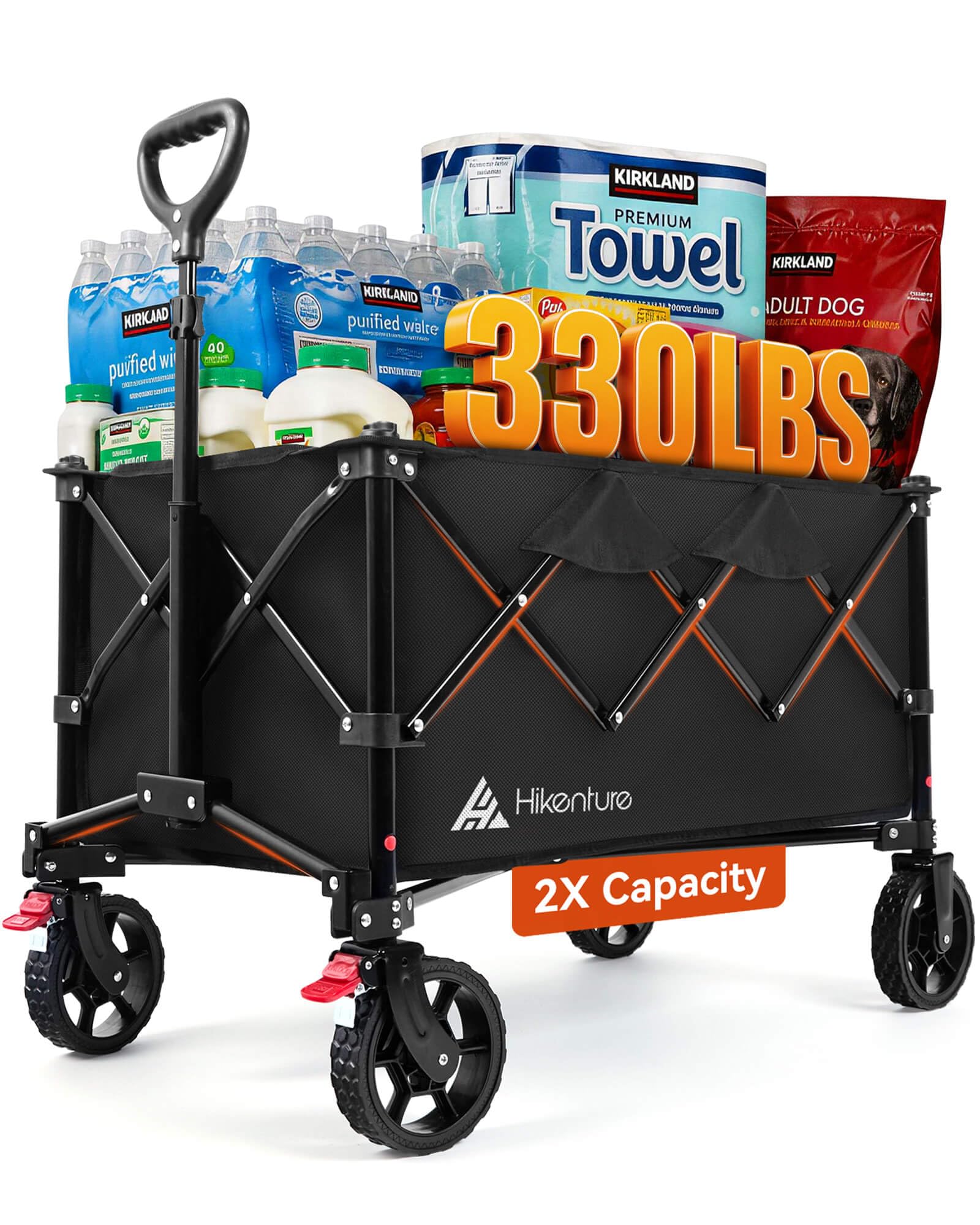 Hikenture wagon front view showing sturdy load capacity and easy access
