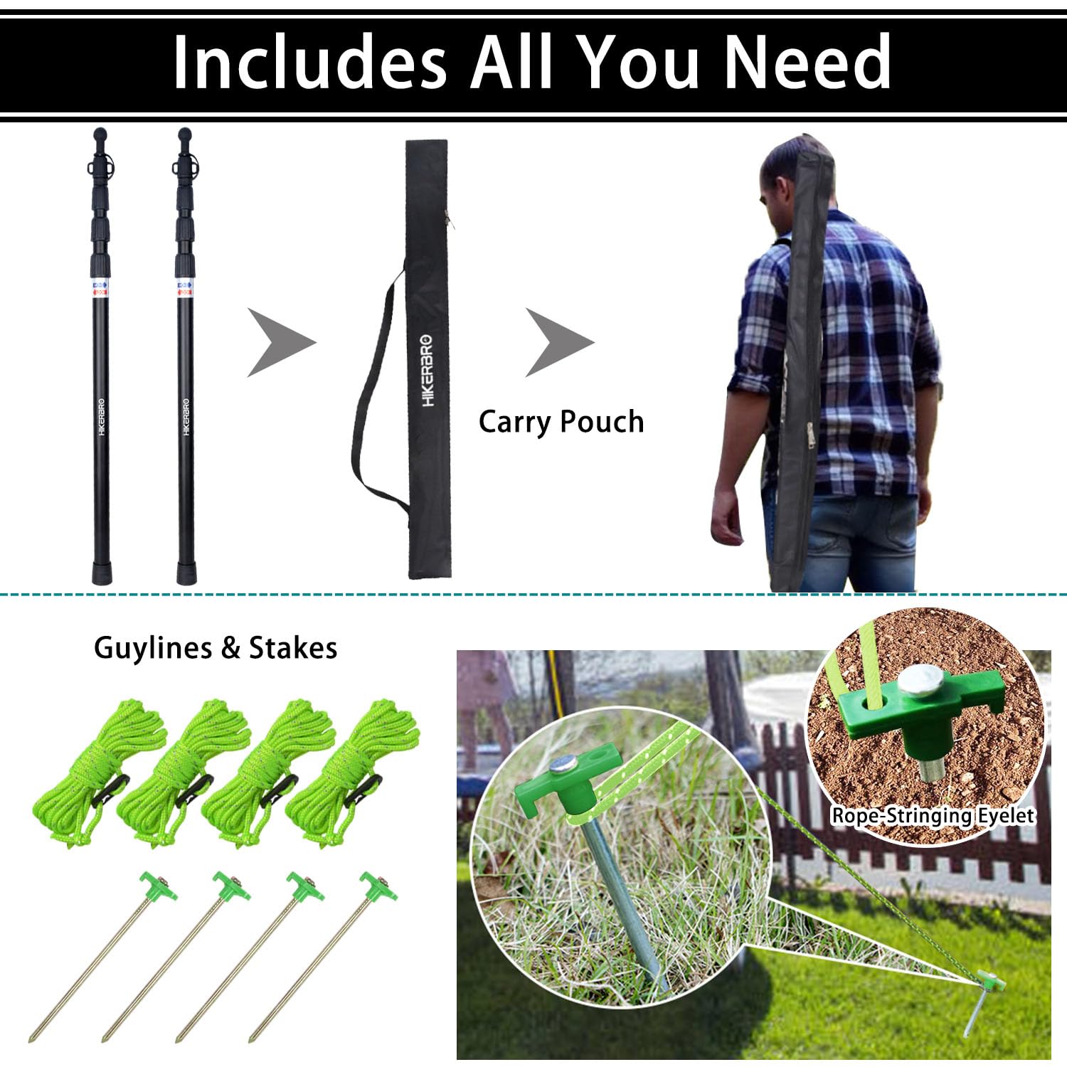HIKERBRO reflective guy lines and heavy-duty stakes for wind resistance