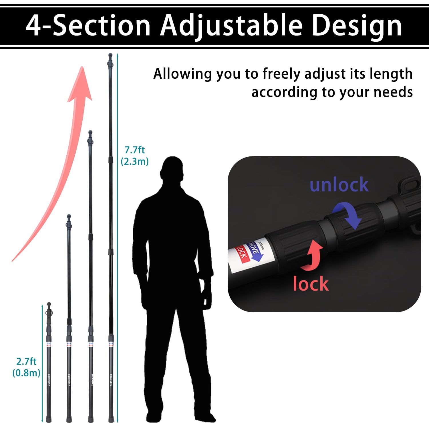 HIKERBRO twist-lock telescoping detail showing secure adjustment