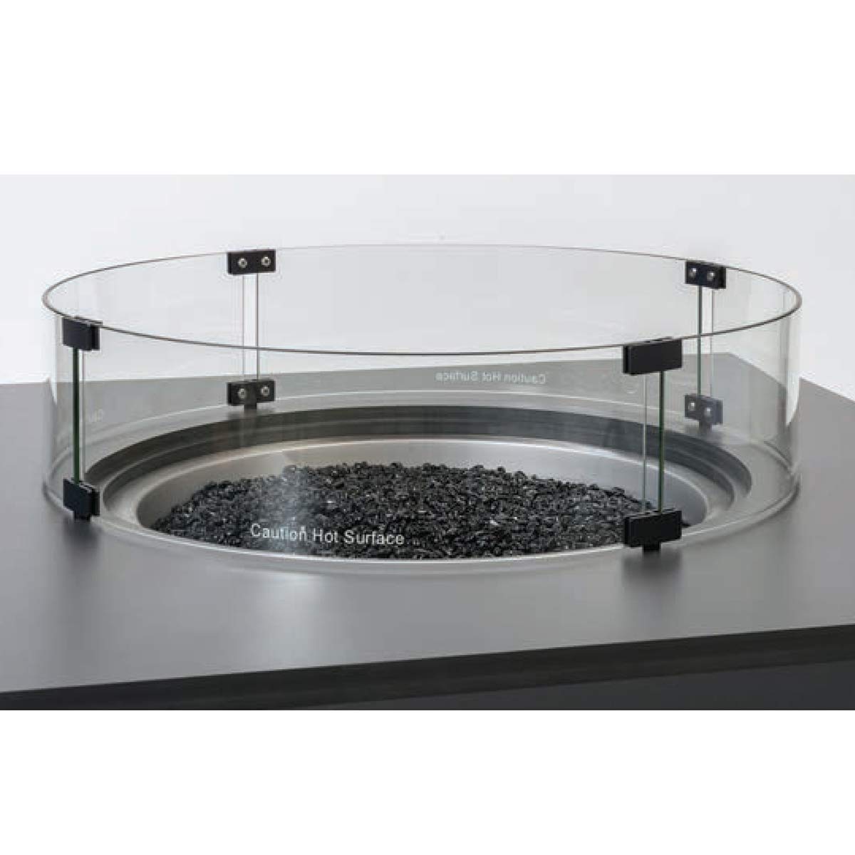 Hiland wind screen installed on a fire pit table showing wind protection benefit