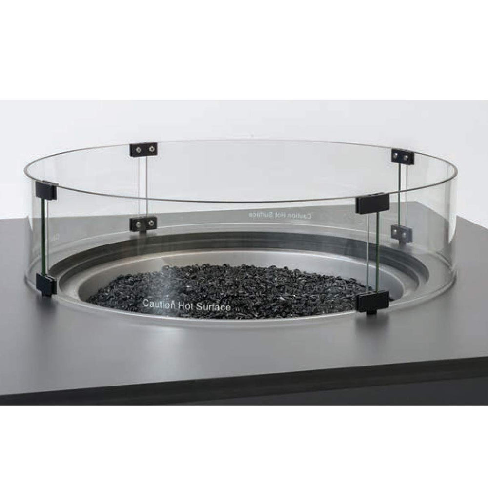 Hiland wind screen installed on a fire pit table showing wind protection benefit