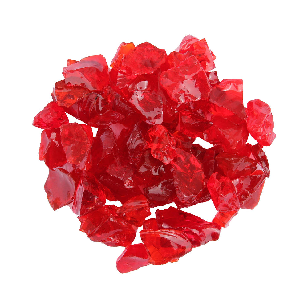 Hiland red fire glass bag front view showing vibrant pieces and easy maintenance benefits