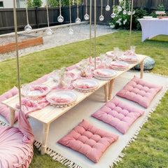 Hillsuren pink table runner draped on table showing elegant look and event-ready styling
