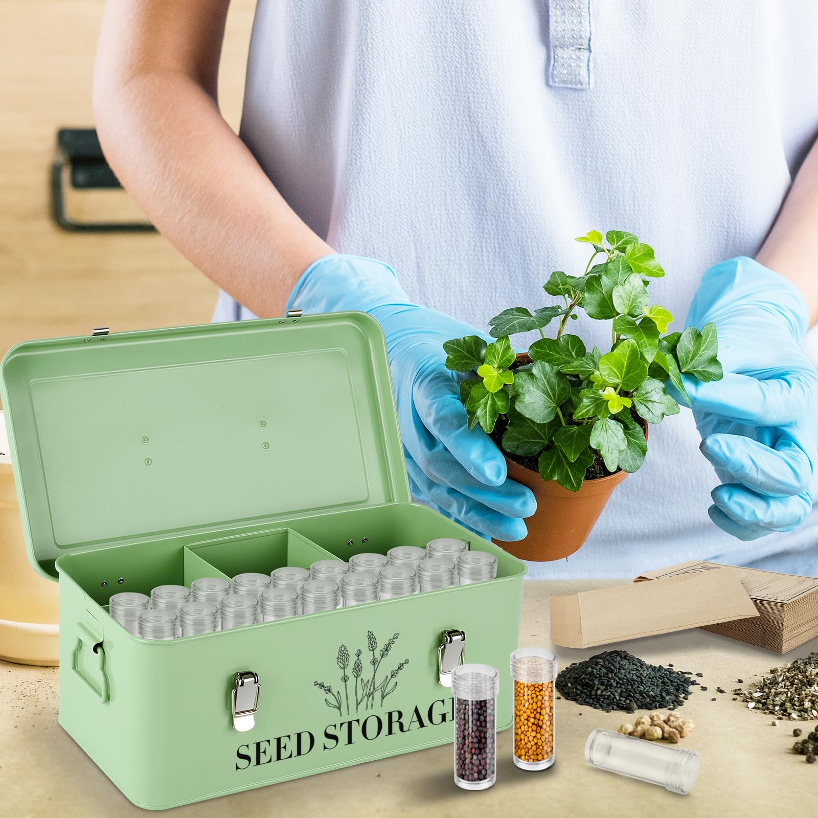 Himake seed box on a shelf in a tidy gardening area illustrating neat storage benefit