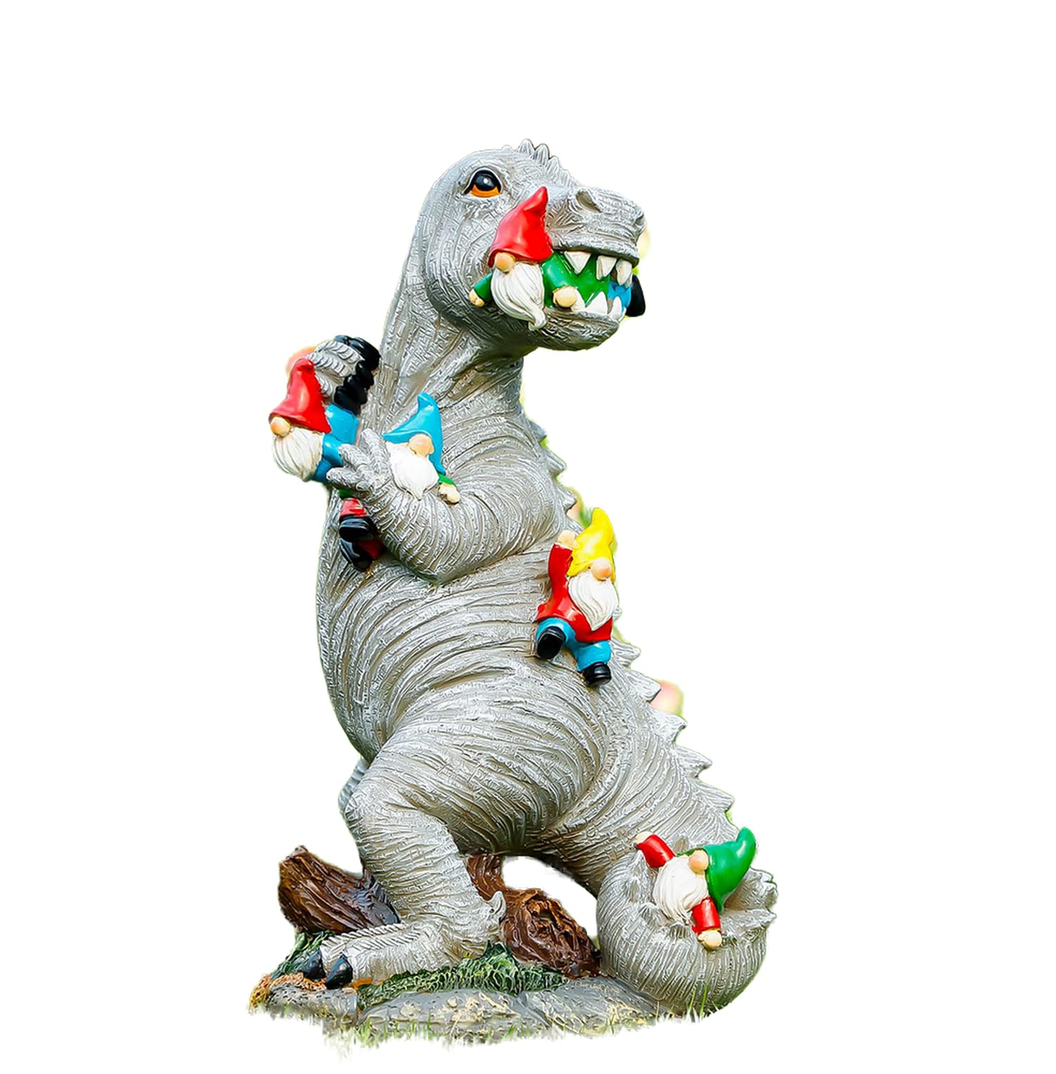 Himaweek front view shows playful dinosaur and gnome, adds curb appeal