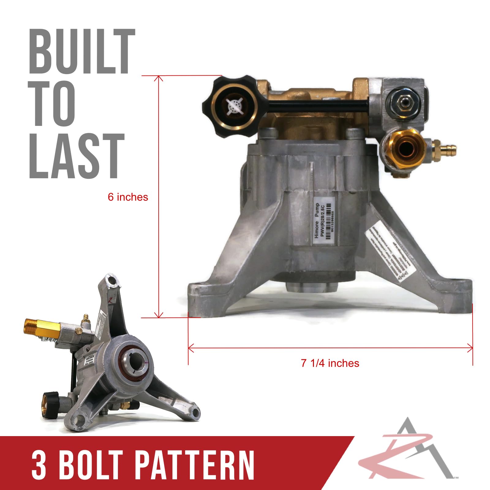 Himore pump close-up of three-bolt mounting pattern ensuring correct fit