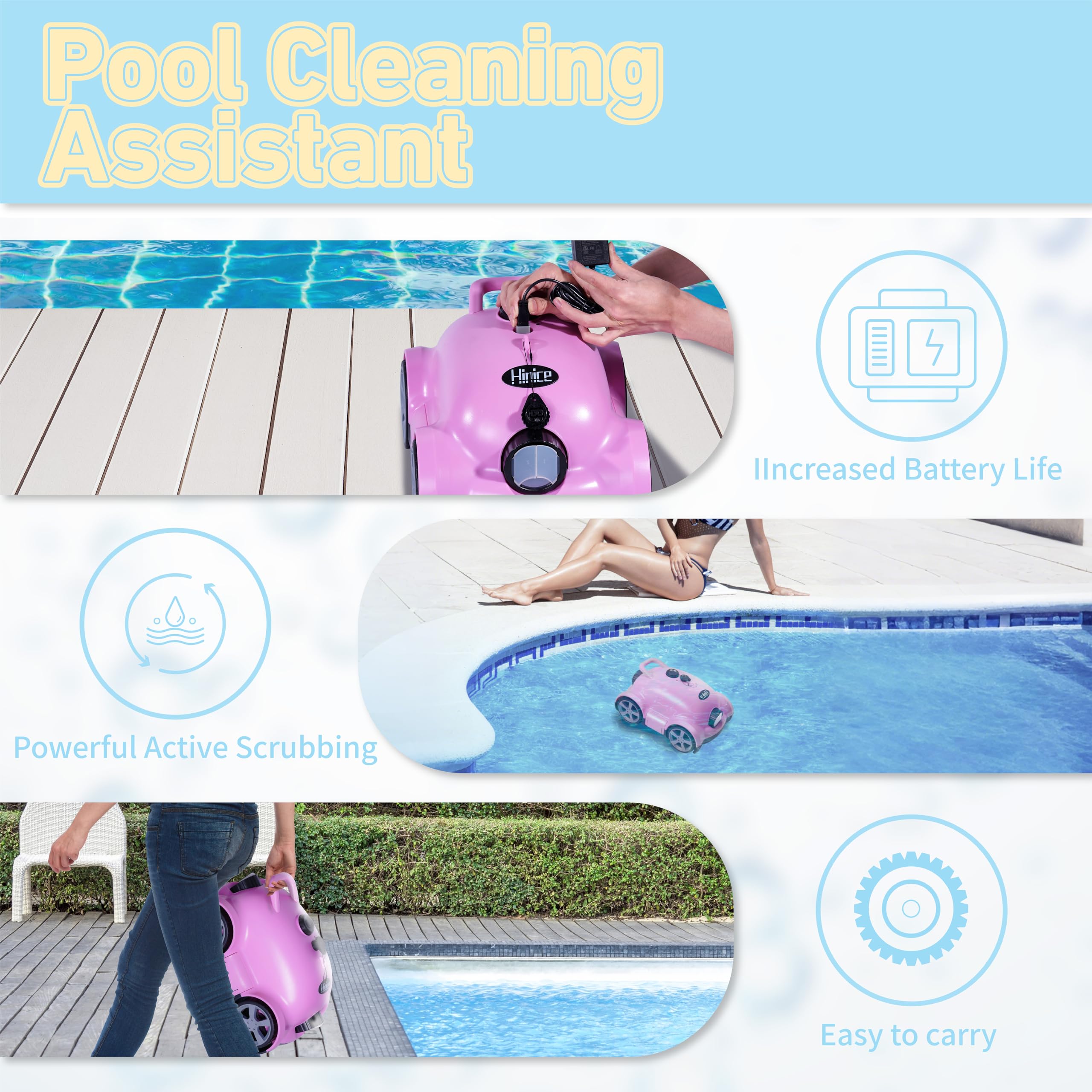 Hinice in backyard pool lifestyle scene showing cordless freedom and effortless maintenance benefit