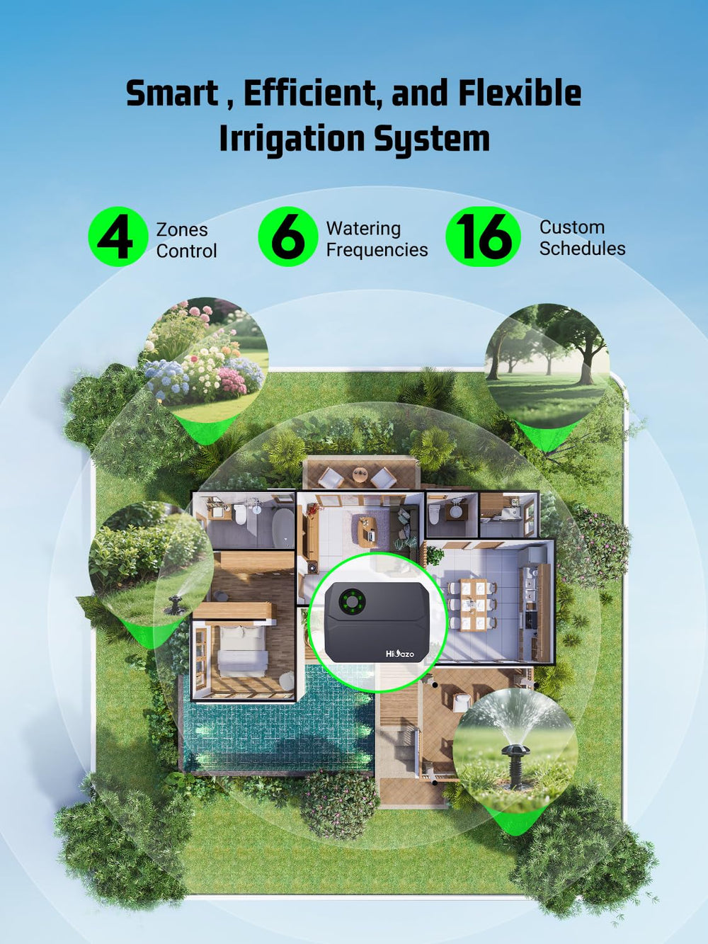 HiOazo mounted in backyard setting offering automated irrigation convenience