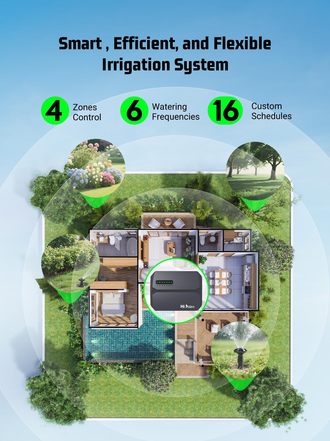 HiOazo in a backyard scene showing automated watering saving water