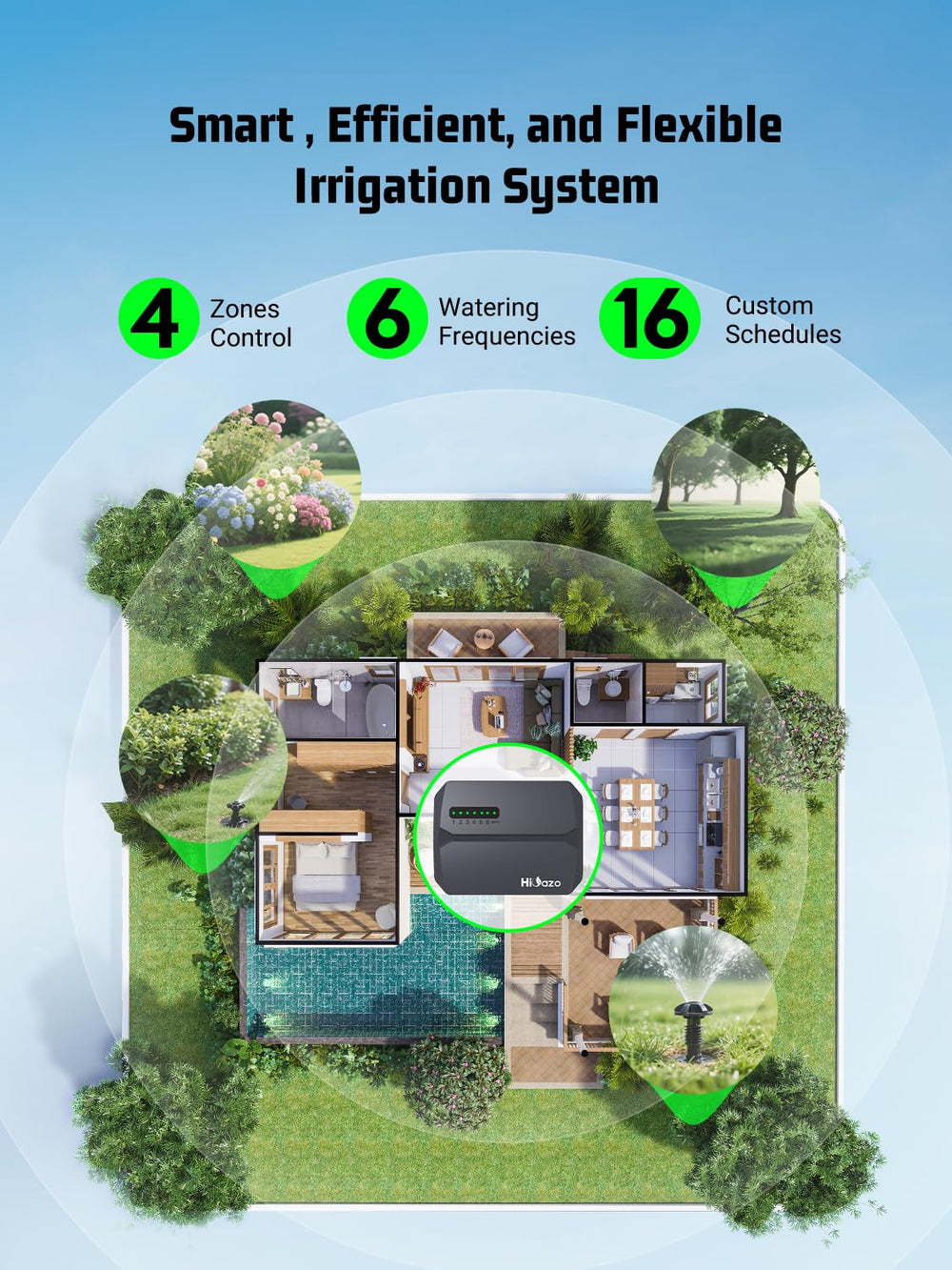 HiOazo in a backyard scene showing automated watering saving water