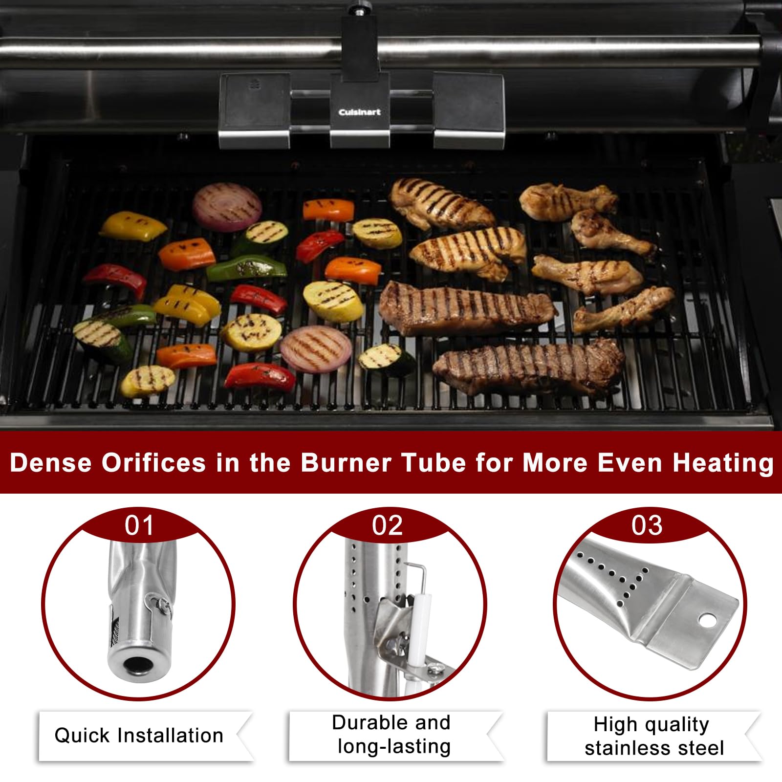 Hiorucet burner tube detail with flame ports for even heat distribution and reliable cooking