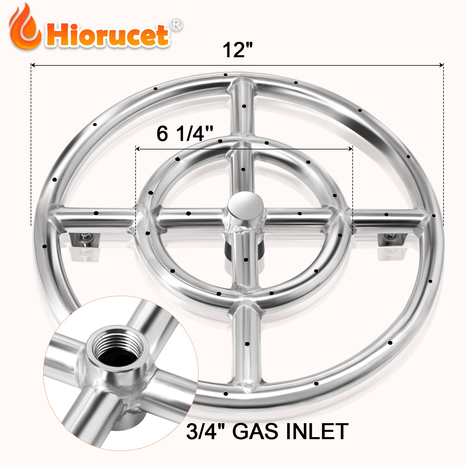 Hiorucet close-up of drilled holes showcasing quiet operation and smoother flame distribution benefit