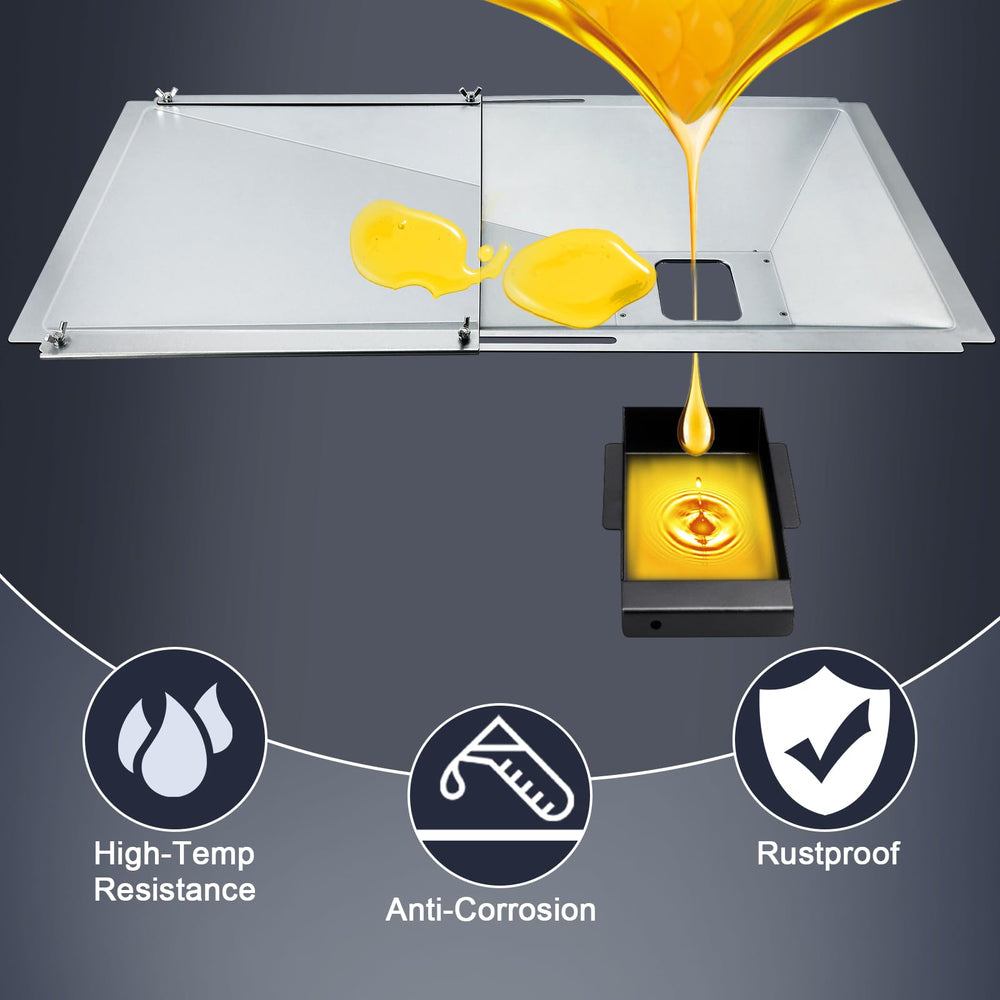 Hiorucet adjustable grease tray extended to fit grill chassis for easier maintenance