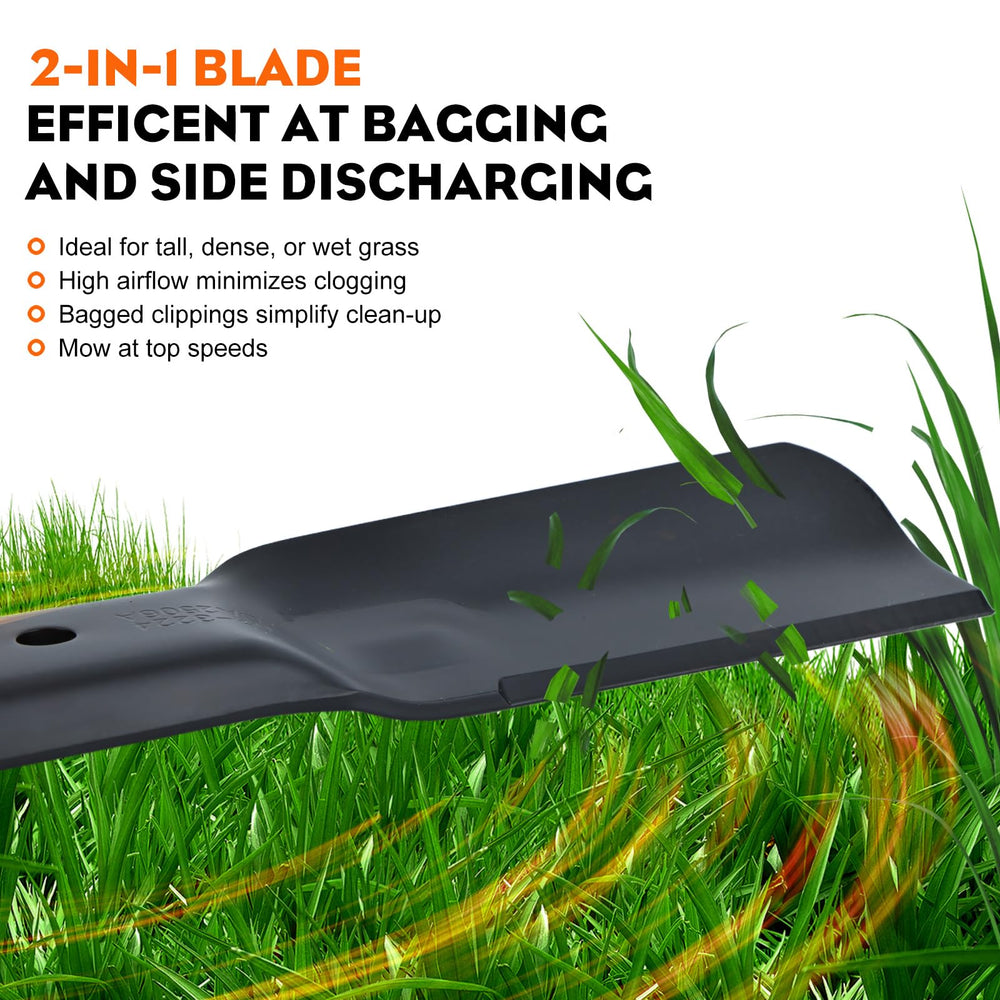 Hipa blade next to tape measure showing correct 54-inch deck scale and fit confidence