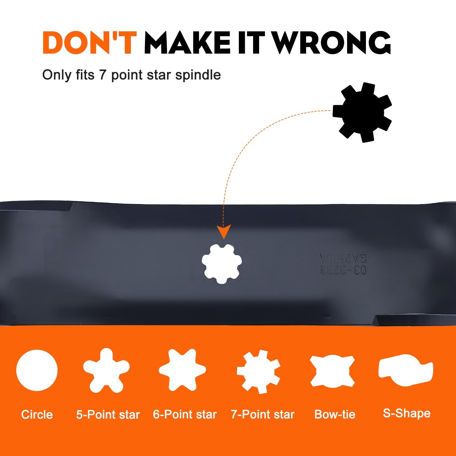Hipa detailed 7-point star center hole for exact John Deere deck fitment benefit