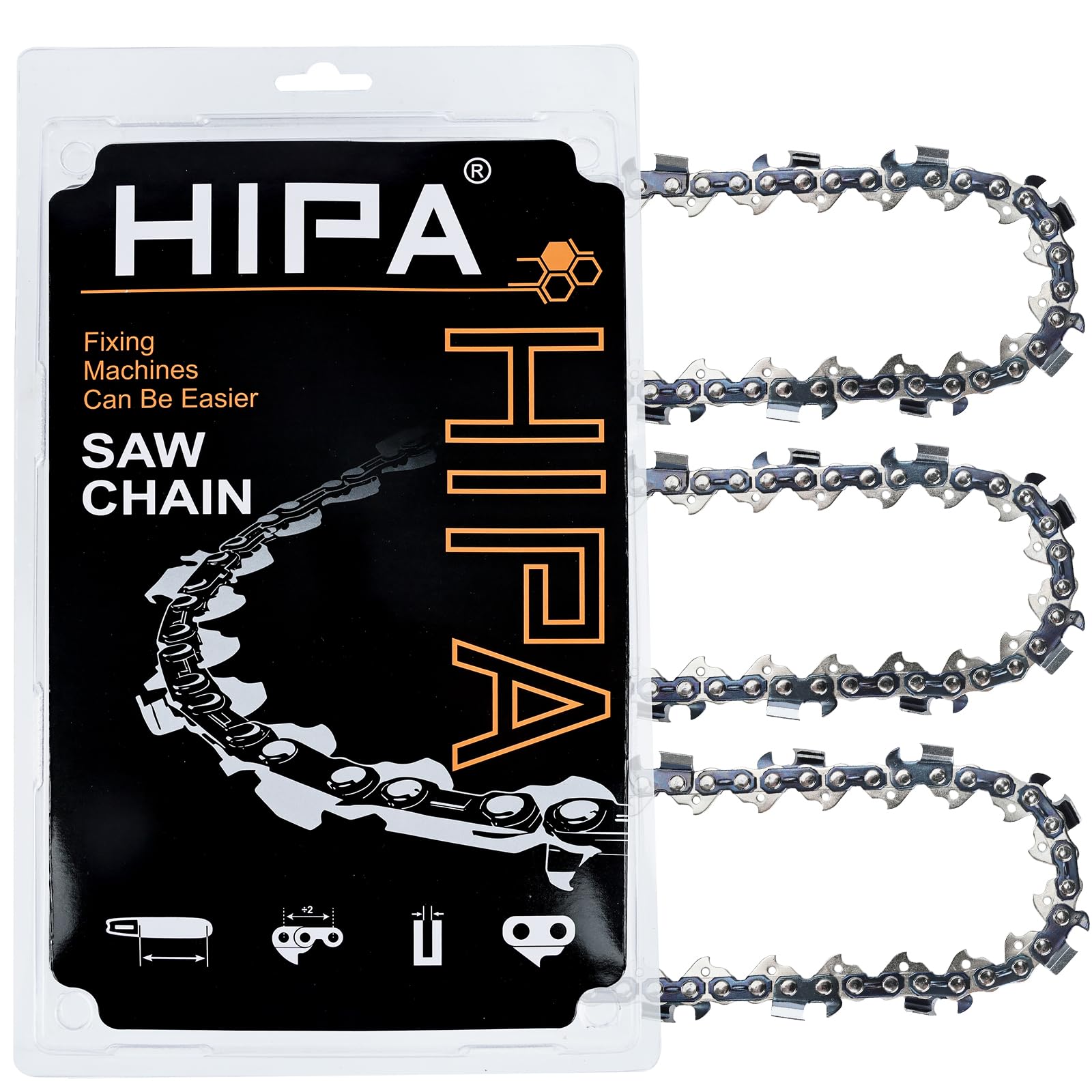 Hipa front view of 20" chainsaw chain package showing ready-to-install set benefits